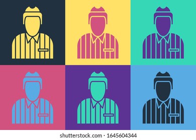 Pop art Hockey judge, referee, arbiter icon isolated on color background.  Vector Illustration