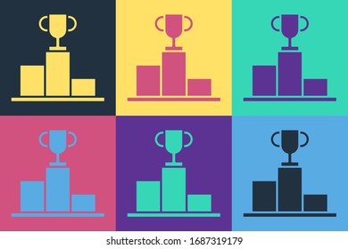 Pop art Hockey over sports winner podium icon isolated on color background.  Vector Illustration