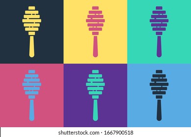 Pop art Honey dipper stick icon isolated on color background. Honey ladle.  Vector Illustration
