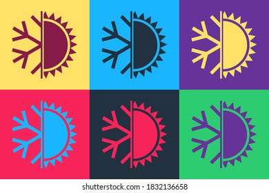 Pop art Hot and cold symbol. Sun and snowflake icon isolated on color background. Winter and summer symbol. Vector.