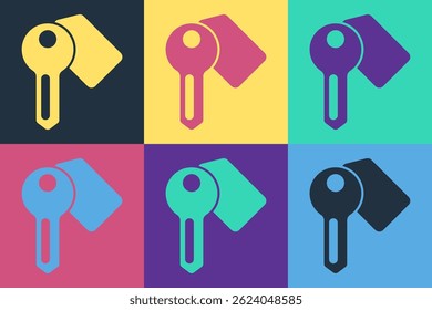 Pop art Hotel door lock key icon isolated on color background.  Vector