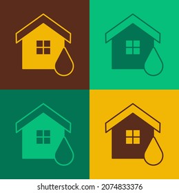 Pop art House flood icon isolated on color background. Home flooding under water. Insurance concept. Security, safety, protection, protect concept.  Vector