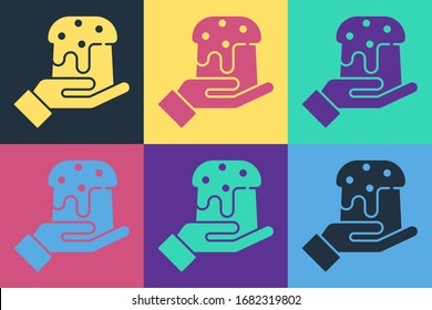 Pop art Human hand and easter cake icon isolated on color background. Happy Easter.  Vector Illustration