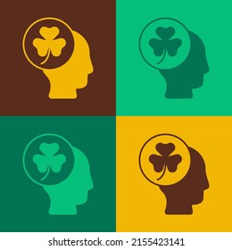 Pop art Human head with clover trefoil leaf icon isolated on color background. Happy Saint Patricks day. National Irish holiday.  Vector