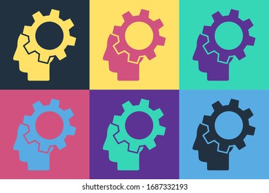 Pop art Human head with gear inside icon isolated on color background. Artificial intelligence. Thinking brain. Symbol work of brain.  Vector Illustration