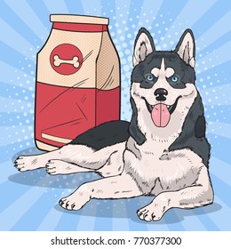 Pop Art Husky Dog with Big Food Pack. Vector illustration