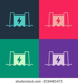 Pop art Hydroelectric dam icon isolated on color background. Water energy plant. Hydropower. Hydroelectricity.  Vector