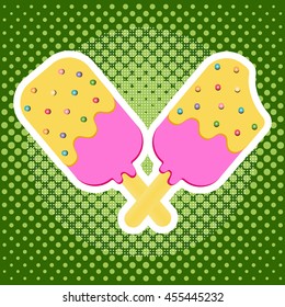 Pop Art Ice Cream Dessert on a Wooden Stick. Ice Cream on a Green Vintage Background
