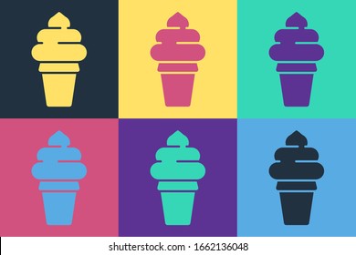 Pop art Ice cream in waffle cone icon isolated on color background. Sweet symbol.  Vector Illustration