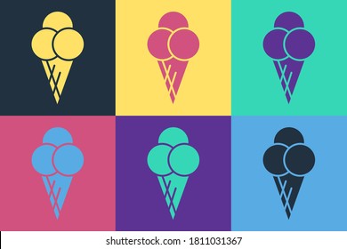 Pop art Ice cream in waffle cone icon isolated on color background. Sweet symbol.  Vector Illustration