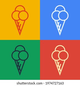 Pop art Ice cream in waffle cone line icon set isolated on color background. Sweet symbol.  Vector Illustration