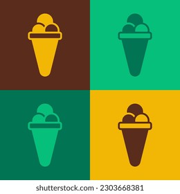 Pop art Ice cream in waffle cone icon isolated on color background. Sweet symbol.  Vector