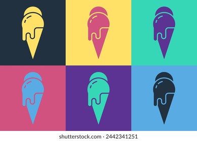 Pop art Ice cream in waffle cone icon isolated on color background. Sweet symbol.  Vector