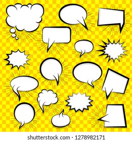 Pop art icon. Vector banner template. Cartoon illustration. Blank comic text balloon. Dialog empty box space. Vintage chat design. Boom comic retro label.