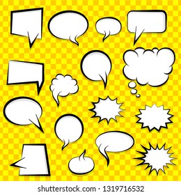 Pop art icon. Vector banner template. Cartoon illustration. Blank comic text balloon. Dialog empty box space. Vintage chat design. Boom comic retro label.