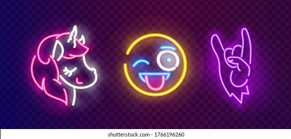 Pop art icons set. Pop art neon sign. Bright signboard, light banner. Neon isolated icon, emblem. Smile, hand, and unicorn vector neon icon