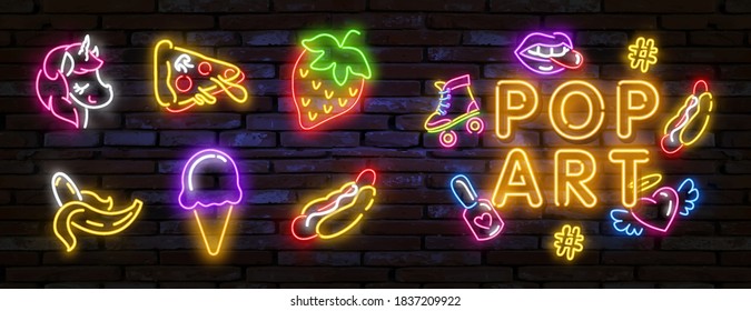 Pop art icons set. Pop art neon sign. Bright signboard, light banner. Vector illustration Pop art icons set. Pop art neon sign. Set of neon stickers, pins, patches in 80s-90s neon style.