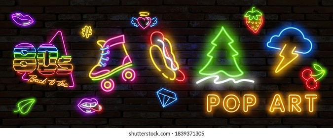 Pop art icons set. Pop art neon sign. Bright signboard, light banner. Set of neon stickers, pins, patches in 80s-90s neon style.