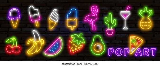 Pop art icons set. Pop art neon sign. Bright signboard, light banner. Set of neon stickers, pins, patches in 80s-90s neon style.