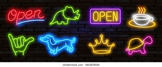 Pop art icons set. Pop art neon sign. Bright signboard, light banner. Vector illustration Pop art icons set. Pop art neon sign. sign OPEN, coffee, dinosaur, turtle, dog