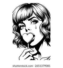Ilustração de arte pop de uma linda mulher chorando enquanto lambendo um pirulito do coração. A arte da linha preta e branca retratando desgosto, amor e tristeza. Estilo de história em quadrinhos vintage.