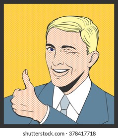 pop art illustration blonde man wink and thumb up comics orange vector