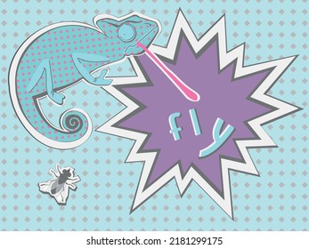 Pop art illustration with a chameleon hunting a text in a bubble. 