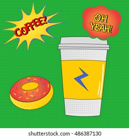 Pop Art illustration of Coffee Cup and Donut