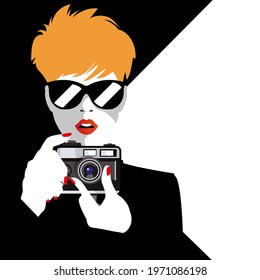 Pop Art illustration of fashion woman with Foto Camera. Vintage Advertising Poster. Vector illustration