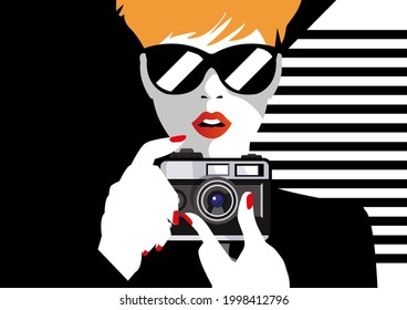 Pop Art illustration of fashion woman with Foto Camera. Vintage Advertising Poster. Vector illustration