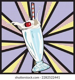 Pop art illustration. Glass with milkshake. With cherry on top. Drink spilling out of a glass