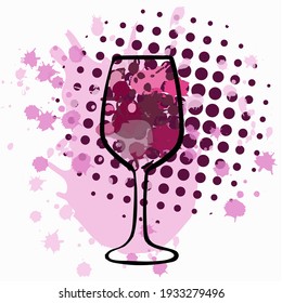 Pop art illustration of the glass of wine. Hand-drawn vector illustration with the wine glass for design greeting cards, holiday invitations, photo overlays, t-shirt print, etc.