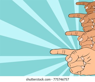 Pop art illustration of hand pointing to important information. Pay attention to yout text or ad