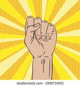 Pop art illustration of hands clenched into a fist and raised up. Concept of power, rebellion, unity, revolution, riot