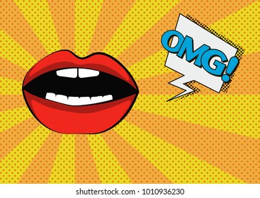 Pop art illustration. Lips with speech bubble " OMG!". Vector illustration