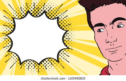 Pop Art illustration of a man with the speech bubble.Vintage advertising poster or flayer of comic thinking man.