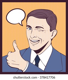 pop art illustration man wink and thumb up comics vector with cloud