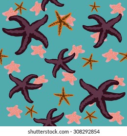 Pop Art illustration. Pattern with sea stars. Seamless pattern on Blue Background. Eps 10