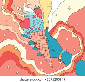Pop art illustration, retro style, ice cream with a heart	