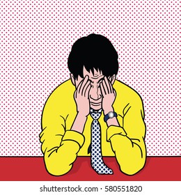 Pop art illustration, retro style of stressed businessman, cover his face with hands representing to despair, stressed, failed, frustrated, anger, serious, sad, unhappy, failure. 