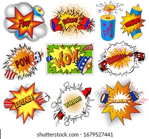 Pop art illustration set of crackers, petart explosions and coupons.