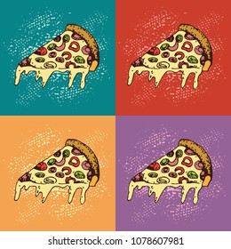 Pop art illustration  with slice of Pizza . Traditional Italian food. Cartoon vector illustration. For identify the restaurant, packaging, menu design, fabric texture.