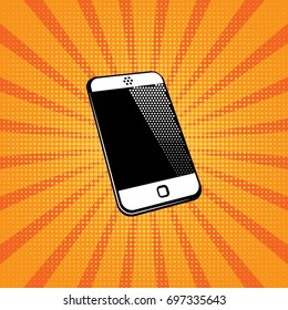 Pop art illustration of a smartphone on bright orange dotted background