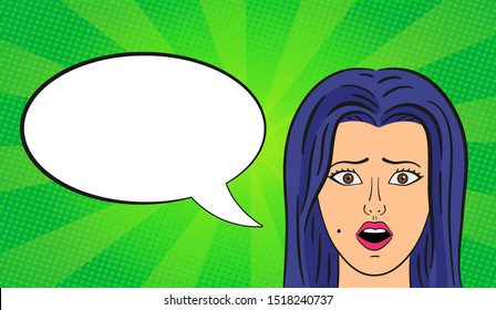 Pop art illustration of a surprised (or scared) girl with purplre hair and lipstick. Woman with open mouth and clear speech bubble fot text and title on a green background. Vector illustration