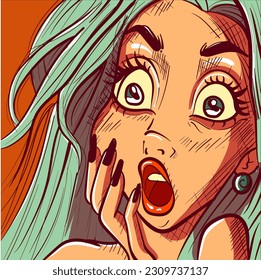 Pop art illustration of a surprised woman face. Closeup vector of a pin up girl with a shocked facial expression.