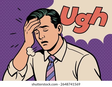 Pop Art Illustration of a Tired Man Holding His Head