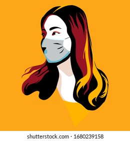 the pop art Illustration of a woman head with facemask on yellow background.