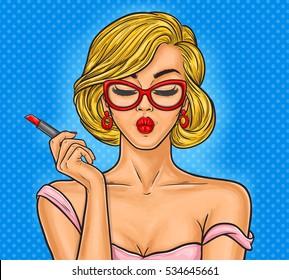 Pop art illustration woman paints her lips