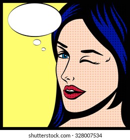 Pop art illustration of young girl with think bubble