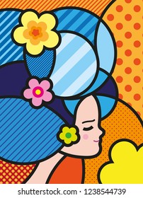 Pop art illustration for your design. Beautiful woman face / head / hair in modern style. Colorful vector illustration of young and healthy girl. 